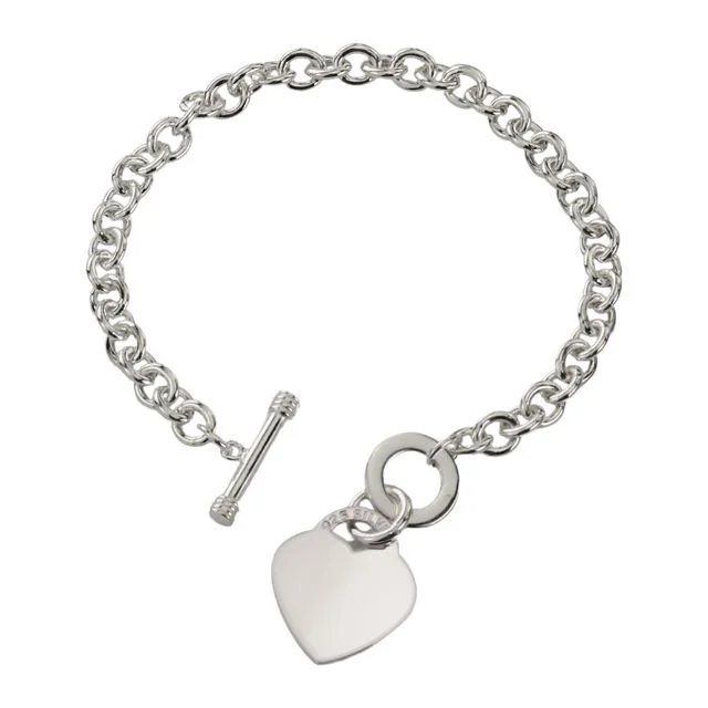 Solid Sterling Silver T-Bar Bracelet With Heart Charm