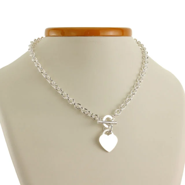 Solid Sterling Silver Heart T-Bar Chain Necklace