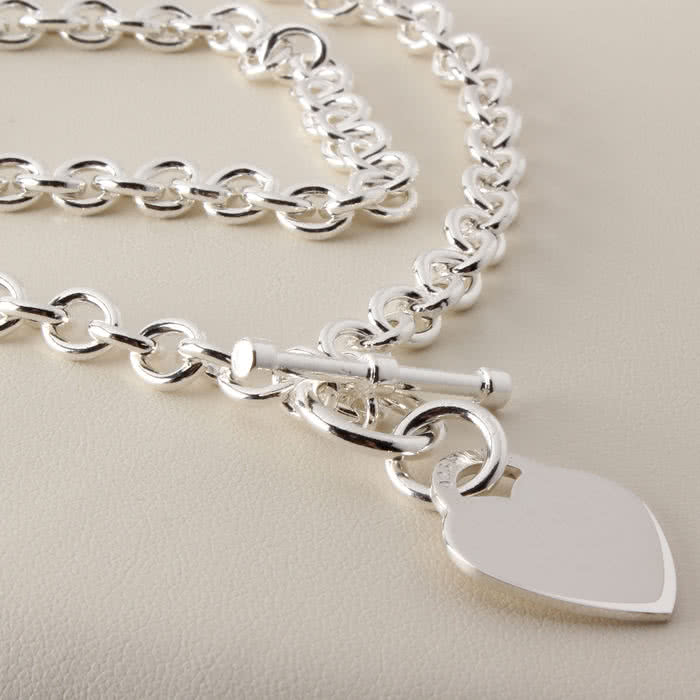 Heart Engraved Silver Bar Chain Bracelet