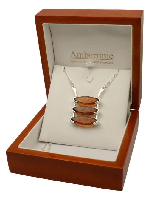 Sterling Silver Triple Marquise Amber Necklace