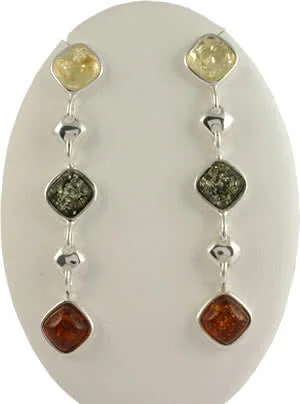 Long Triple Drop Multi Colour Amber Earrings