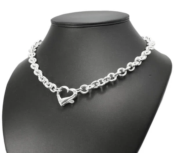 Heavy Large Silver Heart Clasp Necklace