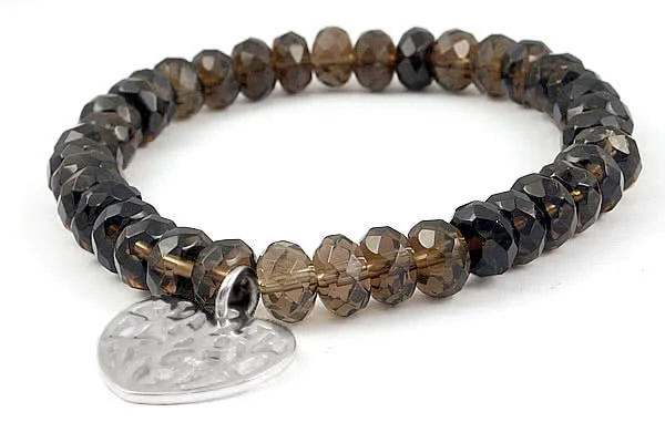 Smoky Quartz Stretch Bracelet with Heart Charm