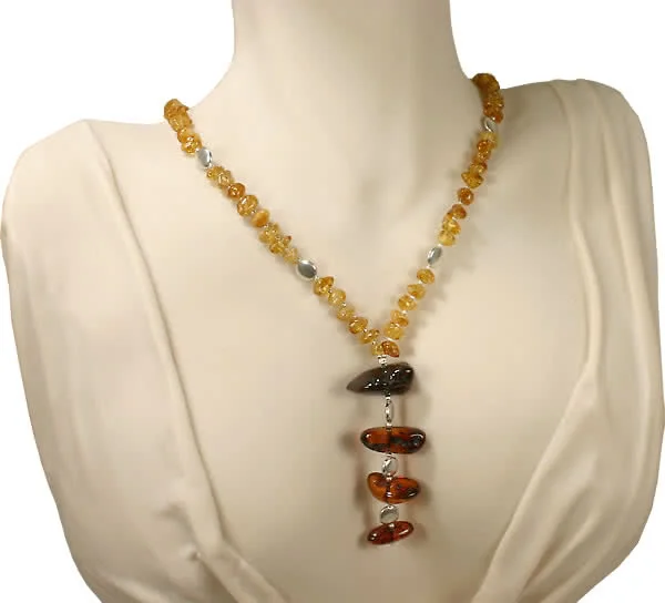 Cognac and Honey Amber Drop Necklace - 3 inch drop