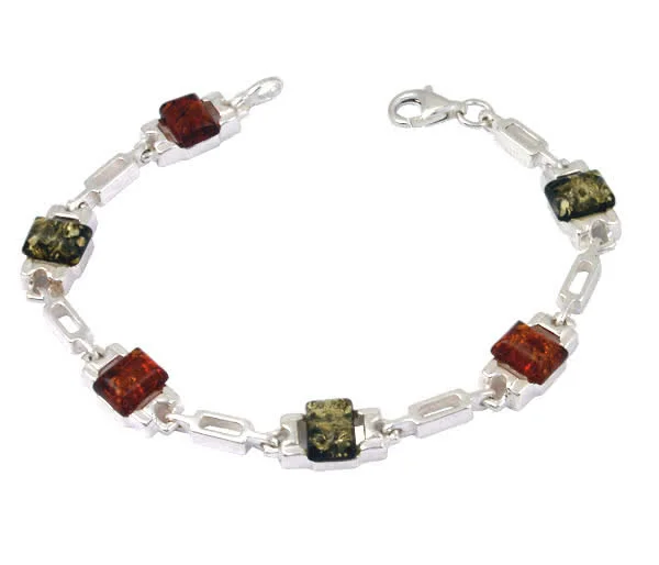 Silver Green and Cognac Cushion Cut Amber Bracelet