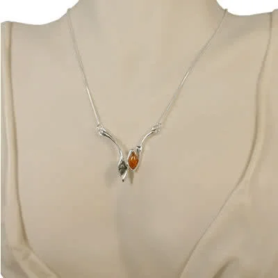 Silver Green and Honey Amber Wishbone Necklace
