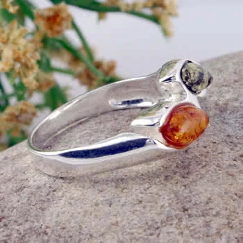 Green and Honey Amber Marquise Silver Ring -  Solid Silver - 4.5 grams