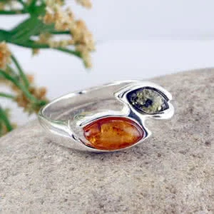 Green and Honey Amber Marquise Silver Ring