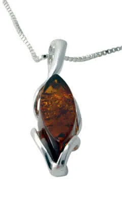Silver Dark Cognac Amber Marquise Silver Pendant - 40mm Pendant Length