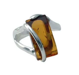 Honey Amber Wrapover Silver Ring - Unique Amber Shape