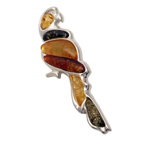 Silver Large Multi Coloured Amber Parrot Brooch