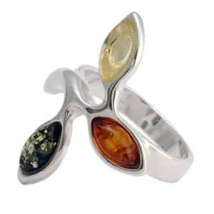 Multi Colour Amber Leaves Silver Ring
