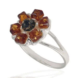Green and Honey Amber Flower Ring - Solid Silver Ring 3.08 grams
