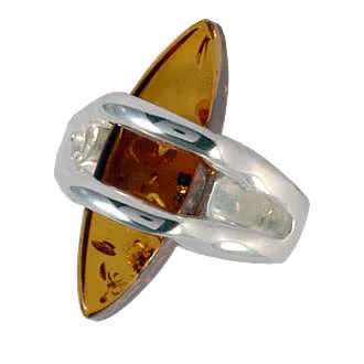 Honey Amber Marquise Solid Sterling Silver Ring - 5.50 grams