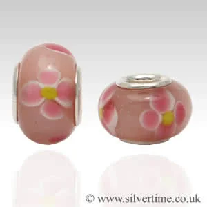 Pink and Yellow Flowers Glass Charm Bead - Sterling Silver - Chamilia and Pandora compatible