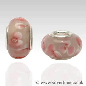Pink Flowers Glass Charm Bead - Pandora Compatible