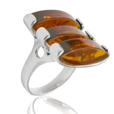 Triple Marquise Baltic Amber Silver Ring - 12 grams