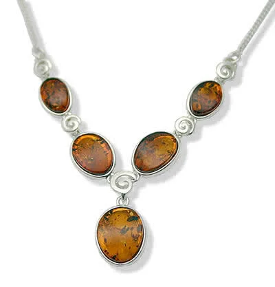 Silver Cognac Baltic Amber Ovals Swirl Detailed Necklace