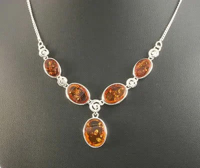 Cognac Baltic Amber Ovals Swirl Necklace - 17 inch chain included, weighs 17 grams