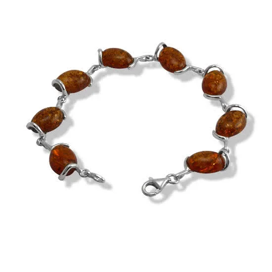 Amber Ovals Silver Bracelet - 13mm x 10mm amber stones
