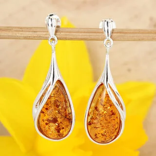 Honey Baltic Amber Pear Drop Sterling Silver Earrings