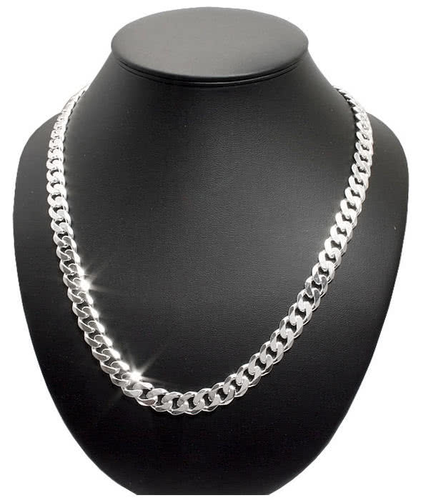 Men's Solid Silver Curb Chain, 9.2mm Wide, Highly Polished Mirror Finish