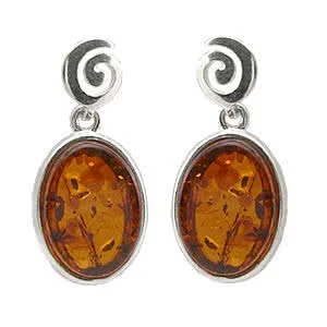 Baltic Oval Amber Swirls Earrings - Honey Cognac Coloured Amber