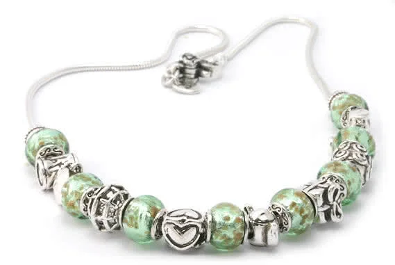 Green Charm Bead Necklace with Charms - Silver and Glass Charms - 17 inches