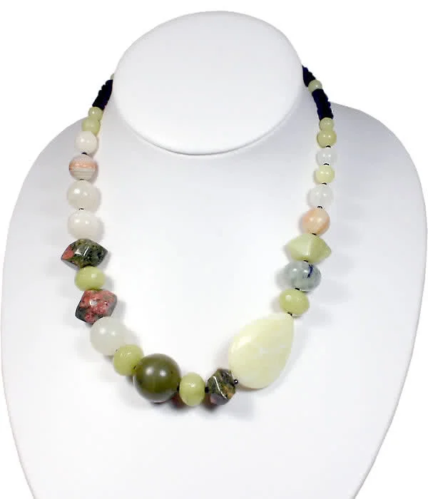 Jade, Jasper and Onyx Silver Necklace - Substantial 82 gram weight