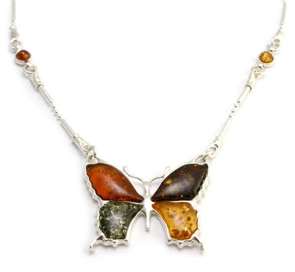 Multi Coloured Silver Amber Butterfly Necklace