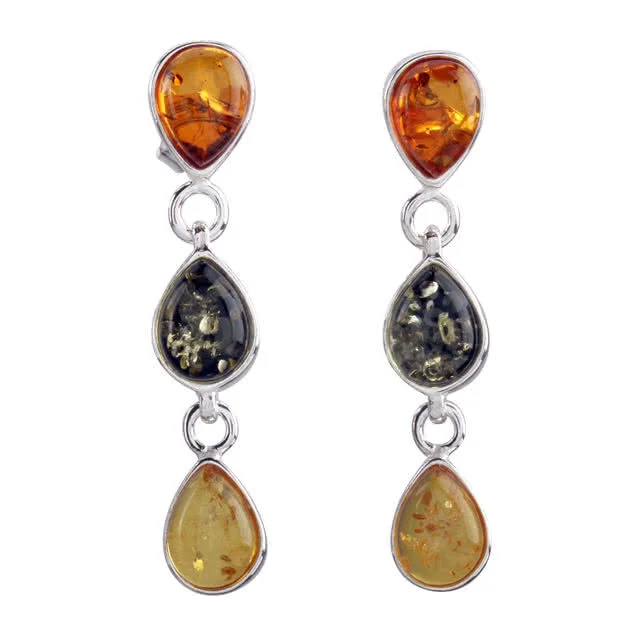 Multi Colour Silver Amber Earrings - Pear Drop Cut Amber