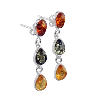 Triple Multi Colour Silver Amber Earrings