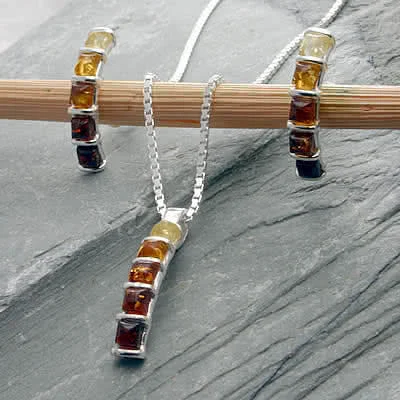 Multi Colour Amber Earrings and Pendant Set