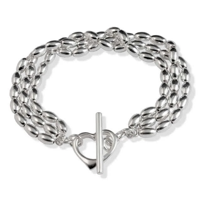 Silver Triple Oval Bead Heart T-Bar Bracelet