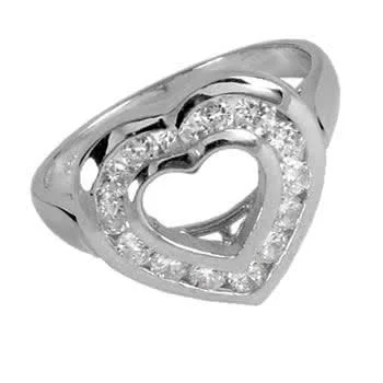 Channel Set Cubic Zirconia Heart Ring - Sterling Silver Rhodium Plated