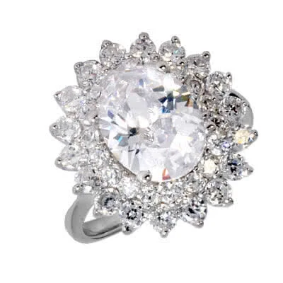 Large Oval Silver Cluster Ring - Rhodium plated for a Platinum and Diamonds look!
