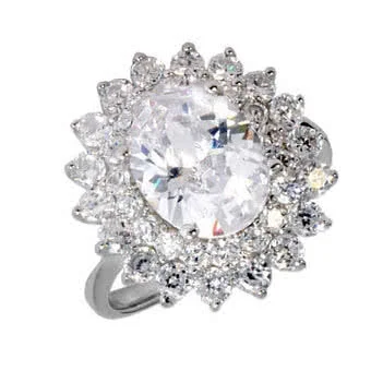 Large Oval Rhodium Plated CZ Cluster Ring
