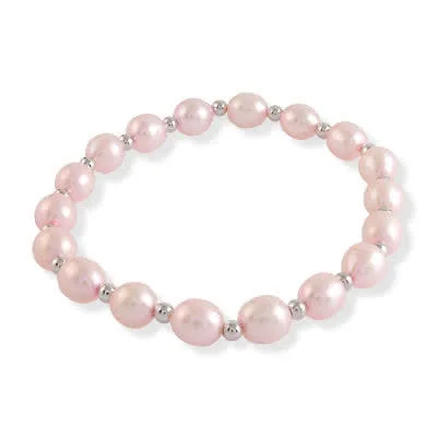 Pink Freshwater Pearl Stretch Bracelet - With Silver Beads