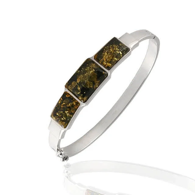 Triple Green Amber Silver Bangle