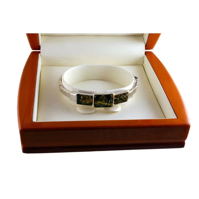 Triple Green Amber Silver Bangle