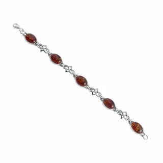 Celtic Oval Amber Silver Bracelet - Five Oval Pieces of Rich Cognac Amber