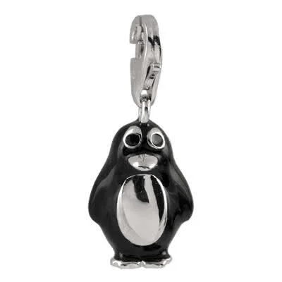 Silver Penguin Clip on Charm detailed with black enamel and rhodium plated