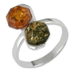 Sterling Silver Green and Honey Amber Octagonal Cut Ring