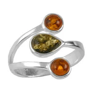 Green and Honey Triple Amber Ring - Adjustable to two ring sizes up or down