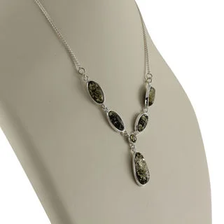 Sterling Silver Necklace Set With Green Baltic Amber