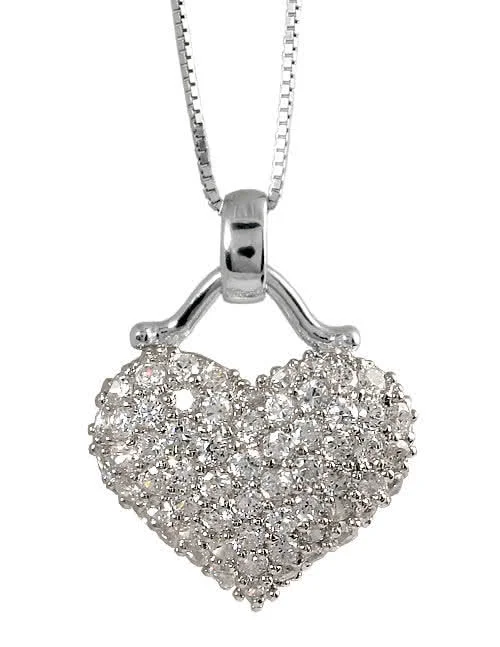 Rhodium Plated Large Pave Cubic Zirconia Silver Heart Pendant