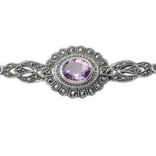 Amethyst and Marcasite Silver Bracelet - 7.5 inches / 19cm length