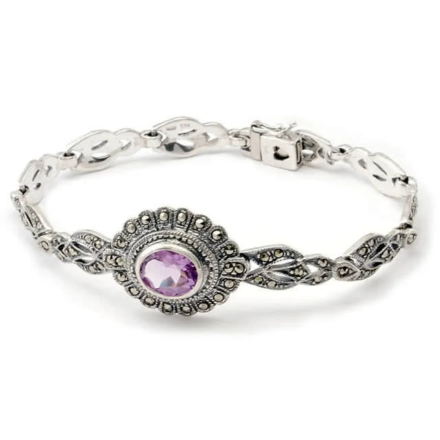 Amethyst and Marcasite Silver Bracelet - Victorian inspired design