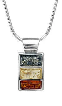 Triple Multi Colour Amber Pendant - Set with three vibrant pieces of lemon, green and cognac amber