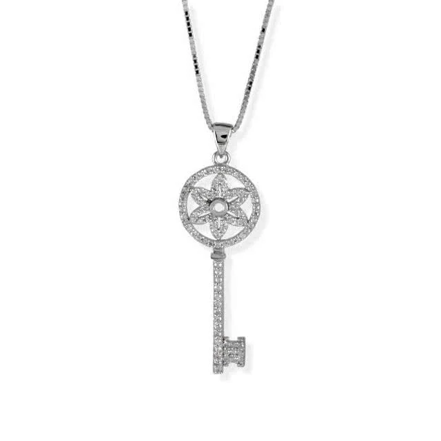 CZ Encrusted Silver Key Pendant - This key pendant is Rhodium plated - 45mm length